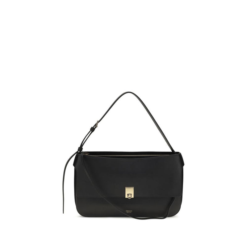 Ferragamo Black Calf Leather Bos Taurus Shoulder Bag