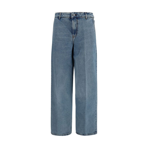 Ami Paris Blue Cotton Jeans Denim for women | Blue, front view of balloon-fit Ami Paris Jeans in blue cotton denim with wide legs, zipper closure and belt loops. Available as Women’s Clothing in W25 and W29, New with tags, in-stock, Discount_40-49, Jeans Denim - Clothing, style 13879, 26, 27, 28 and 79661334579.