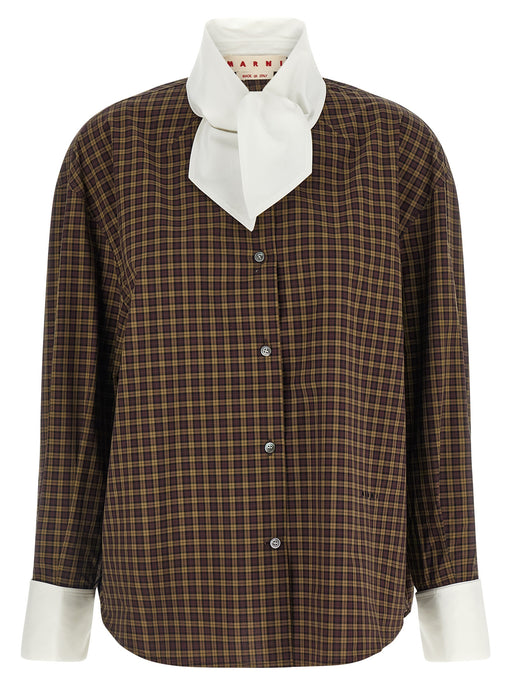 Marni Blouse for women's Marni Blouse for Women's Brown Cotton Poplin Check Shirt With White Scarf Collar And Logo | Brown, front view in brown checked cotton poplin with white scarf collar, button front, logo detail, and white cuffs; Brown Clothing, Blouses - Shirts - Clothing, Shirts - Clothing, Women, Discount_50-59, in-stock, IT36 | S, IT38, IT40, Marni, New with tags.