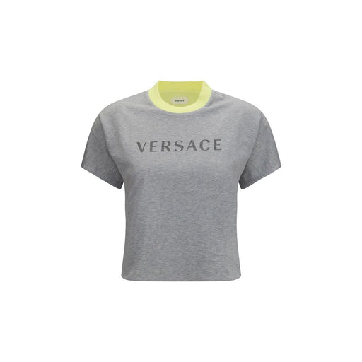 Front view of Versace Gray Cotton T-Shirt for womens | Gray, a gray cotton Versace T-Shirt for womens with logo print and contrasting lime green ribbed crew neck.