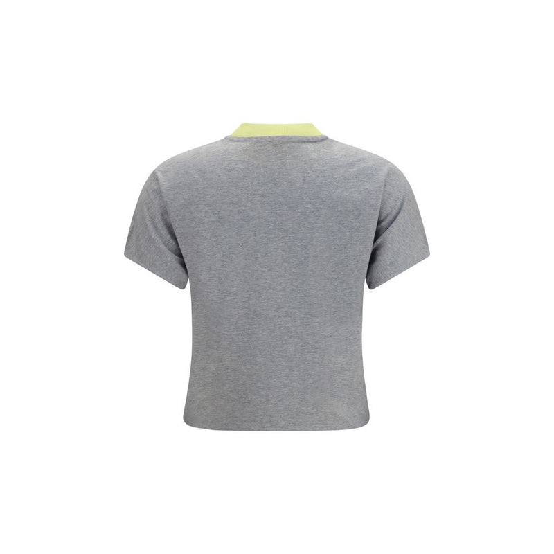Back view of Versace Gray Cotton T-Shirt for womens | Gray, showcasing the smooth gray cotton jersey design and contrasting lime green collar of this Versace T-Shirt for womens.