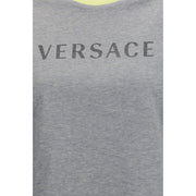 Close-up of the Versace logo on the gray cotton Versace Gray Cotton T-Shirt for womens | Gray, highlighting the premium logo detail of this Versace T-Shirt for womens.