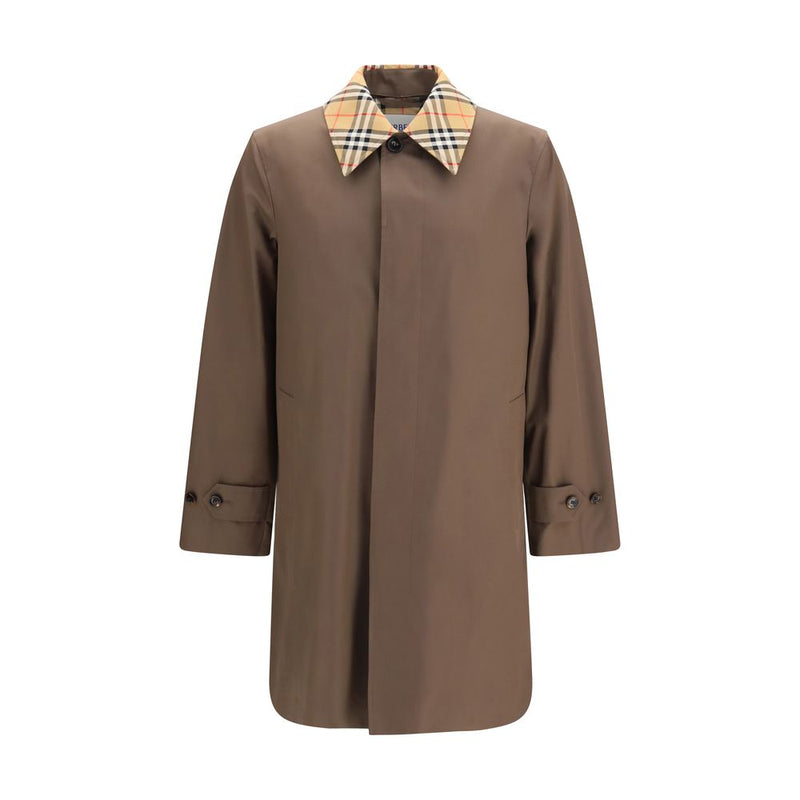 Burberry Brown Cotton Coat - Men's Coat | Tottenham Cotton Gabardine Check Collar, front view of the tailored knee-length brown Burberry cotton coat with concealed buttons and iconic Check collar.