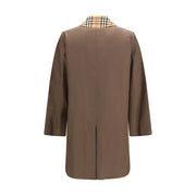 Burberry Brown Cotton Coat - Men's Coat | Tottenham Cotton Gabardine Check Collar, back view showcasing the straight silhouette, center back vent, and contrasting Burberry Check collar.