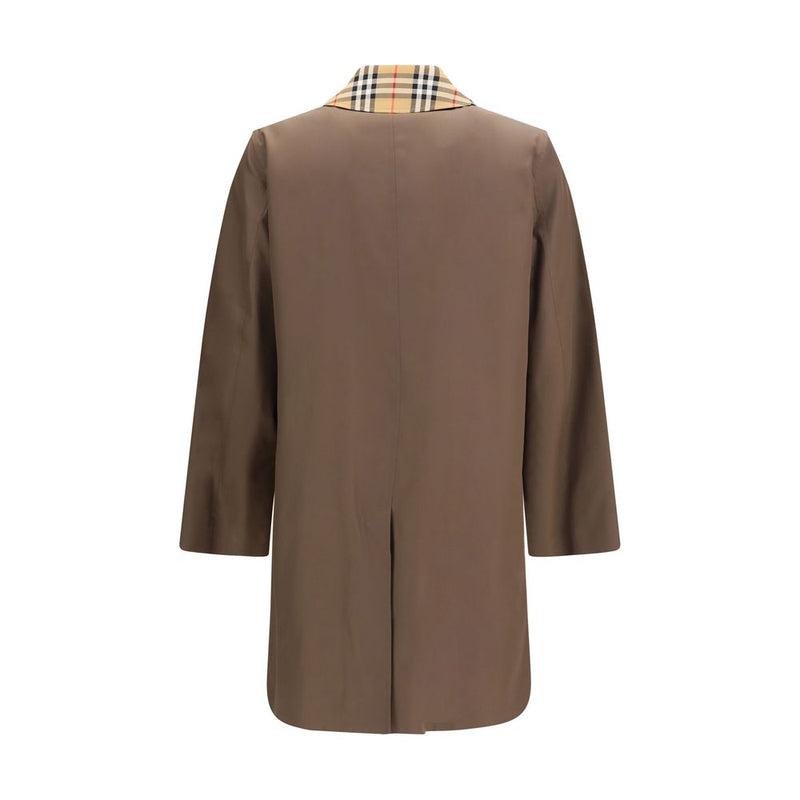 Burberry Brown Cotton Coat - Men's Coat | Tottenham Cotton Gabardine Check Collar, back view showcasing the straight silhouette, center back vent, and contrasting Burberry Check collar.