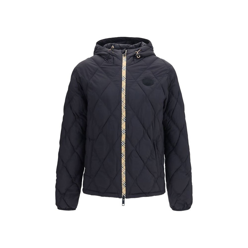 Burberry Black Nylon Shell Jacket for men – front view of the black nylon down jacket with Check stitching and hood. Burberry Black Nylon Shell Jacket for mens.