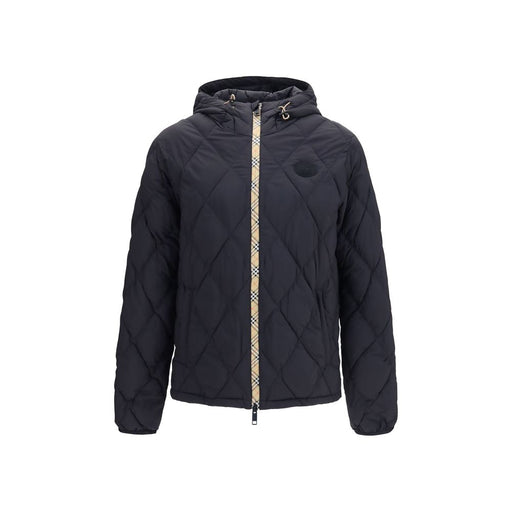 Burberry Black Nylon Shell Jacket for men – front view of the black nylon down jacket with Check stitching and hood. Burberry Black Nylon Shell Jacket for mens.