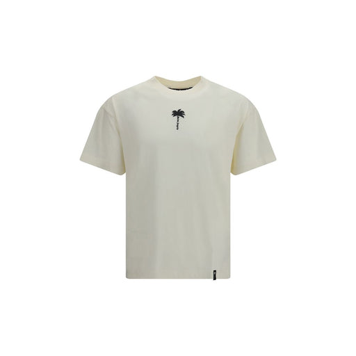 Front view of the Palm Angels Beige Cotton T-Shirt for Men | Beige, a Palm Angels T-Shirt for Men in soft 100% cotton with a black palm tree chest logo, short sleeves and crew neck; available in Beige, Clothing, Discount_40-49, in-stock, L, M, Men, New with tags, S, T-Shirts - Clothing, T-Shirts - T-Shirts - Clothing, XL, XXL, product 13879 and 79661334579.