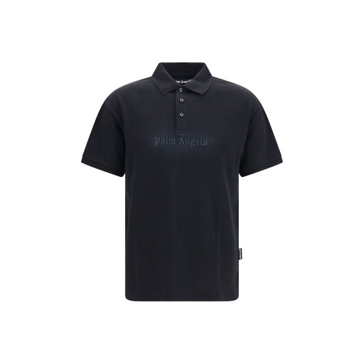 Front view of the Palm Angels Black Cotton Polo Shirt for Men | Black, a refined Palm Angels Polo Shirt for Men with short sleeves, classic collar, button placket, and tonal Palm Angels logo. Available in Black for Men in sizes S, M, L, and XL; New with tags, in-stock, Clothing, Polo Shirts - T-Shirts - Clothing, T-Shirts - Clothing, 13879, 79661334579, Discount_40-49.