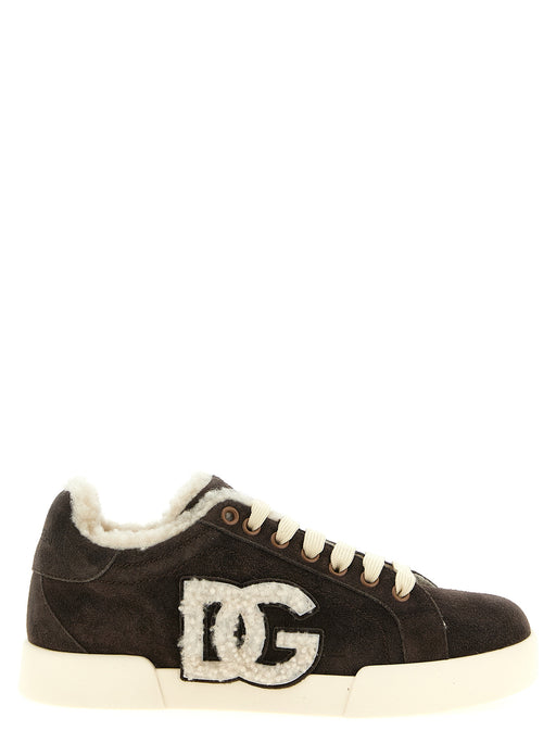 Side view of Dolce & Gabbana Brown Suede Low Top Sneakers for Women, Dolce & Gabbana Sneakers for Women with shearling DG logo, cream laces, and light rubber sole. Urbalenti NYC, 13879, 79680700467, Brown, Discount_40-49, Dolce & Gabbana, EU36.5/US6.5, EU36/US6, EU38/US8, EU40/US10, EU41/US11, EU42/US12, in-stock, Low Tops - Sneakers - Shoes, New with tags, Shoes, Sneakers - Shoes, Women.