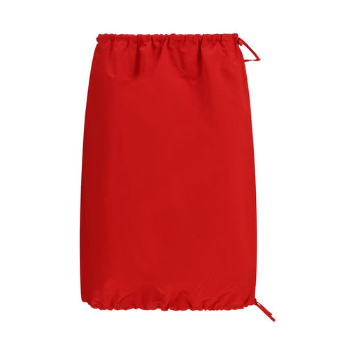 Prada Red Silk Satin Drawstring Midi Skirt, a Prada Silk Midi Skirt shown from the front with an elasticated waist and drawstring hem, available at Urbalenti NYC in size IT40 | M and IT42 | L. This New with tags Women’s Clothing piece is Red and in-stock under Clothing, Skirts - Clothing, and Midi - Skirts - Clothing, with Discount_30-39 pricing and reference 13879, 79661334579.