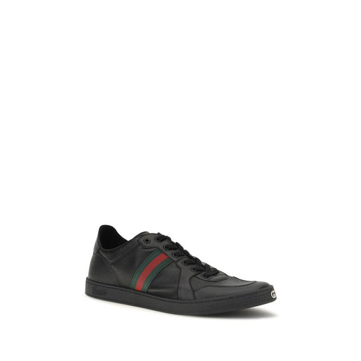 Gucci Stretch Coda Black Calf Leather Low Top Sneakers, Gucci Leather Low Top Sneakers displayed at a three-quarter angle with lace-up front, black calf leather, Web stripe, and rubber sole, from Urbalenti NYC, style 13879, 79661334579, Black, Discount_30-39, available in EU 38 | US 5, EU39.5/US6.5, EU39/US6, EU40.5/US7.5, EU40/US7, EU41.5/US8.5, EU41/US8, EU42.5/US9.5, EU43/US10, Gucci, in-stock, Low Tops - Sneakers - Shoes, Men, New with tags, Shoes, Sneakers - Shoes.