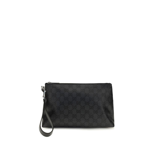 Gucci Essence Black GG Canvas Pouch Bag with Wrist Strap, front view of a Gucci Pouch Bag in black GG canvas with zip closure and detachable wrist strap. Available at Urbalenti NYC, style 13879, SKU 79661334579, categorized under Bags and Shoulder Bags - Bags; Black Gucci bag, Discount_20-29, in-stock, Men, New with tags.