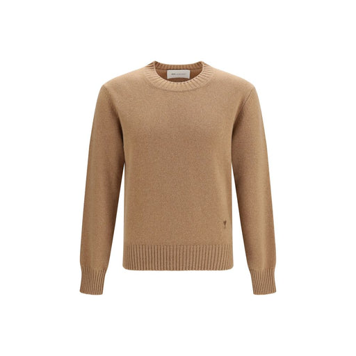 Front view of the AMI Paris Ami de Coeur Cashmere Wool Sweater for Men in brown, an AMI Paris Sweater for Men with a regular fit, ribbed crew neck, long sleeves, and subtle Ami de Coeur embroidery. Urbalenti NYC, 13879, 79661334579, Ami Paris, Brown, Clothing, Discount_40-49, in-stock, L, M, Men, New with tags, S, Sweaters - Clothing, Sweatshirts - Sweaters - Clothing, XL.