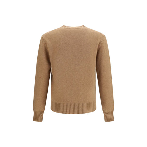 Back view of the AMI Paris Ami de Coeur Cashmere Wool Sweater for Men in brown, a soft cashmere and merino wool AMI Paris Sweater for Men with ribbed cuffs and hem. Urbalenti NYC, 13879, 79661334579, Ami Paris, Brown, Clothing, Discount_40-49, in-stock, L, M, Men, New with tags, S, Sweaters - Clothing, Sweatshirts - Sweaters - Clothing, XL.