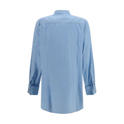 Back view of the Prada Cotton Poplin Shirt for Women, showcasing the light blue cotton poplin design, long sleeves and structured back. This Prada Shirt for Women is available at Urbalenti NYC, style 13879, 79661334579, Blue, Clothing, Discount_30-39, Dress Shirts - Shirts - Clothing, in-stock, IT38 | S, IT40 | M, New with tags, Prada, Shirts - Clothing, Women.