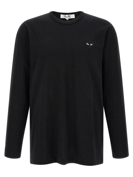 Comme Des Garçons Play black front view of the Comme Des Garçons Play Black Long Sleeve T-Shirt for Men, a premium Comme Des Garçons Long Sleeve T-Shirt for Men with signature heart embroidery. Urbalenti NYC, 13879, 79680700467, Black, Clothing, Comme Des Garçons Play, Discount_30-39, in-stock, Men, New with tags, T-Shirts - Clothing, T-Shirts - T-Shirts - Clothing, XXL.