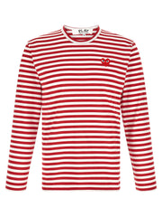 Comme Des Garçons Play Striped Long Sleeve T-Shirt for Men, a Comme Des Garçons Long Sleeve T-Shirt for Men in white with red horizontal stripes, ribbed crew neck, and embroidered red PLAY heart logo. 13879, 79680700467, Clothing, Comme Des Garçons Play, Discount_30-39, in-stock, M, Men, New with tags, T-Shirts - Clothing, T-Shirts - T-Shirts - Clothing, White, XL, XXL, Urbalenti NYC.