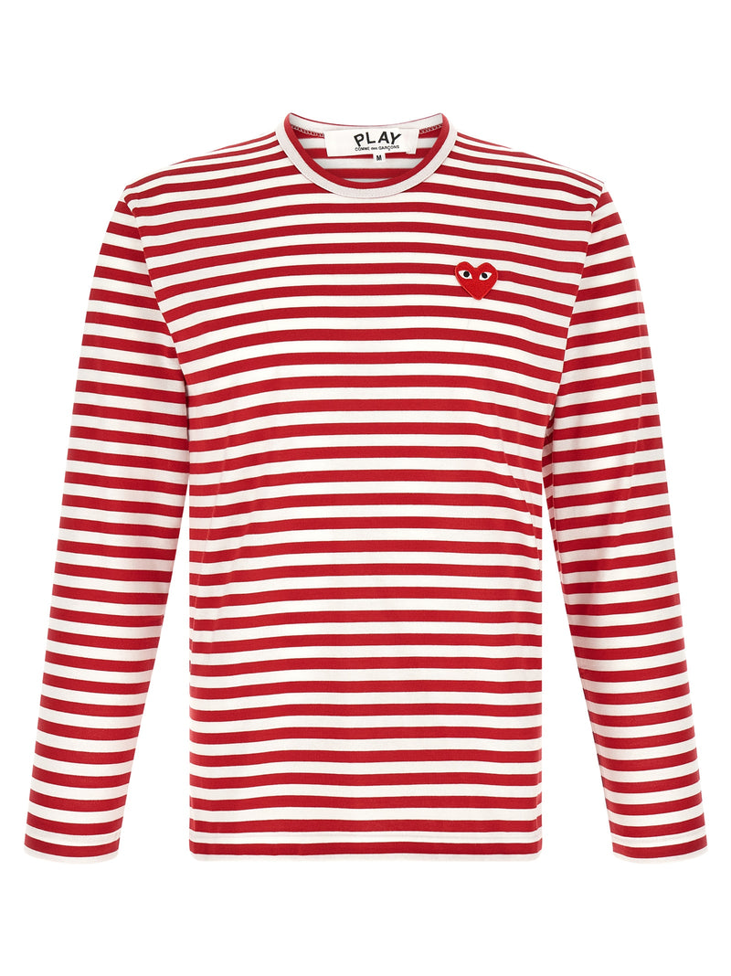 Comme Des Garçons Play Striped Long Sleeve T-Shirt for Men, a Comme Des Garçons Long Sleeve T-Shirt for Men in white with red horizontal stripes, ribbed crew neck, and embroidered red PLAY heart logo. 13879, 79680700467, Clothing, Comme Des Garçons Play, Discount_30-39, in-stock, M, Men, New with tags, T-Shirts - Clothing, T-Shirts - T-Shirts - Clothing, White, XL, XXL, Urbalenti NYC.
