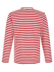 Back view of the Comme Des Garçons Play Striped Long Sleeve T-Shirt for Men, a comfortable Comme Des Garçons Long Sleeve T-Shirt for Men in white and red striped 100% cotton. 13879, 79680700467, Clothing, Comme Des Garçons Play, Discount_30-39, in-stock, M, Men, New with tags, T-Shirts - Clothing, T-Shirts - T-Shirts - Clothing, White, XL, XXL, Urbalenti NYC.