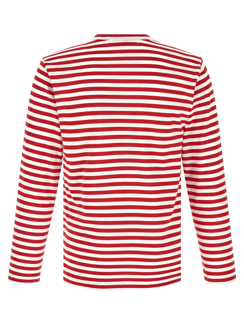 Back view of the Comme Des Garçons Play Striped Long Sleeve T-Shirt for Men, a comfortable Comme Des Garçons Long Sleeve T-Shirt for Men in white and red striped 100% cotton. 13879, 79680700467, Clothing, Comme Des Garçons Play, Discount_30-39, in-stock, M, Men, New with tags, T-Shirts - Clothing, T-Shirts - T-Shirts - Clothing, White, XL, XXL, Urbalenti NYC.