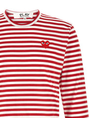 Close-up of the embroidered red PLAY heart logo and ribbed neckline on the Comme Des Garçons Play Striped Long Sleeve T-Shirt for Men, a signature Comme Des Garçons Long Sleeve T-Shirt for Men in white and red. 13879, 79680700467, Clothing, Comme Des Garçons Play, Discount_30-39, in-stock, M, Men, New with tags, T-Shirts - Clothing, T-Shirts - T-Shirts - Clothing, White, XL, XXL, Urbalenti NYC.