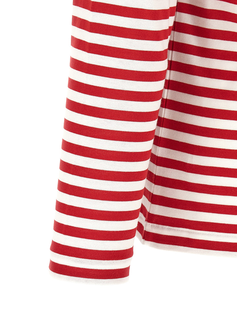 Detail of the soft cotton striped sleeve and hem on the Comme Des Garçons Play Striped Long Sleeve T-Shirt for Men, a stylish white and red Comme Des Garçons Long Sleeve T-Shirt for Men. 13879, 79680700467, Clothing, Comme Des Garçons Play, Discount_30-39, in-stock, M, Men, New with tags, T-Shirts - Clothing, T-Shirts - T-Shirts - Clothing, White, XL, XXL, Urbalenti NYC.