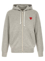 Comme Des Garçons Play Gray Cotton Hoodie for Men, a Comme Des Garçons Hoodie for Men with a front zip closure, drawstring hood, red PLAY heart patch, and welt pockets. Comme Des Garçons Play style in Gray, size options L, M, and XL, listed as New with tags and in-stock under 13879, 79680700467, Cardigans - Sweaters - Clothing, Clothing, Discount_30-39, Men, Sweaters - Clothing.