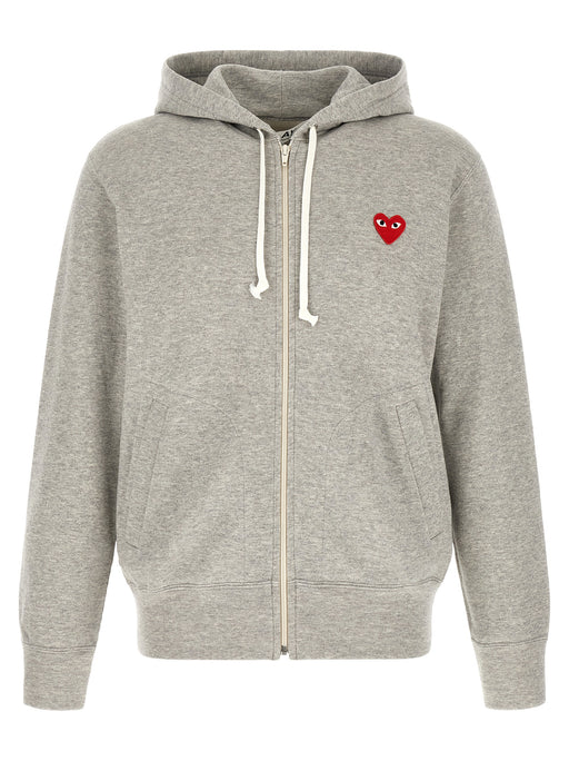 Comme Des Garçons Play Gray Cotton Hoodie for Men, a Comme Des Garçons Hoodie for Men with a front zip closure, drawstring hood, red PLAY heart patch, and welt pockets. Comme Des Garçons Play style in Gray, size options L, M, and XL, listed as New with tags and in-stock under 13879, 79680700467, Cardigans - Sweaters - Clothing, Clothing, Discount_30-39, Men, Sweaters - Clothing.