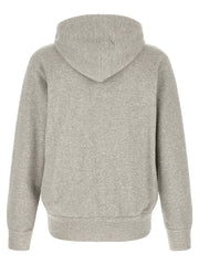 Back view of the Comme Des Garçons Play Gray Cotton Hoodie for Men, showcasing the plain gray cotton hood, long sleeves, ribbed hem, and cuffs. This Comme Des Garçons Hoodie for Men is available in L, M, and XL and is New with tags, in-stock under 13879, 79680700467, Cardigans - Sweaters - Clothing, Clothing, Comme Des Garçons Play, Discount_30-39, Gray, Men, Sweaters - Clothing.