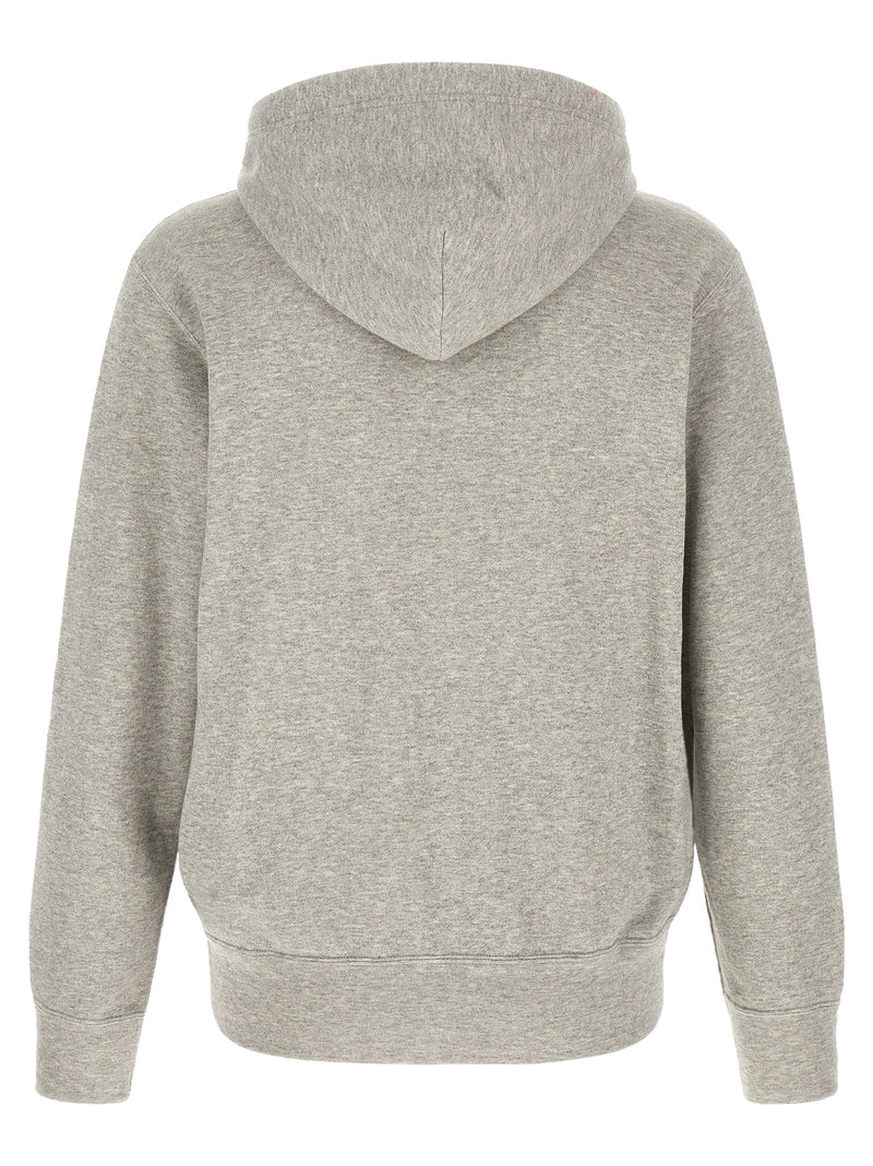 Back view of the Comme Des Garçons Play Gray Cotton Hoodie for Men, showcasing the plain gray cotton hood, long sleeves, ribbed hem, and cuffs. This Comme Des Garçons Hoodie for Men is available in L, M, and XL and is New with tags, in-stock under 13879, 79680700467, Cardigans - Sweaters - Clothing, Clothing, Comme Des Garçons Play, Discount_30-39, Gray, Men, Sweaters - Clothing.