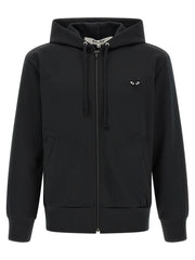 Comme Des Garçons Sweatshirt for Men | Black PLAY Hoodie by Comme Des Garçons Play, shown from the front with a zip closure, drawstring hood, kangaroo pockets, and embroidered heart logo. Black sweater in Cardigans - Sweaters - Clothing and Sweaters - Clothing, listed under Clothing for Men in sizes L, M, XL, and XXL; New with tags, in-stock, Discount_30-39.
