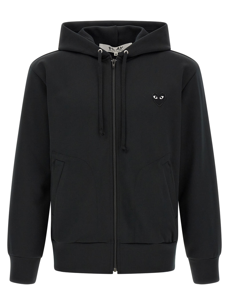 Comme Des Garçons Sweatshirt for Men | Black PLAY Hoodie by Comme Des Garçons Play, shown from the front with a zip closure, drawstring hood, kangaroo pockets, and embroidered heart logo. Black sweater in Cardigans - Sweaters - Clothing and Sweaters - Clothing, listed under Clothing for Men in sizes L, M, XL, and XXL; New with tags, in-stock, Discount_30-39.