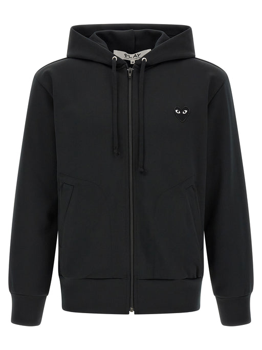 Comme Des Garçons Sweatshirt for Men | Black PLAY Hoodie by Comme Des Garçons Play, shown from the front with a zip closure, drawstring hood, kangaroo pockets, and embroidered heart logo. Black sweater in Cardigans - Sweaters - Clothing and Sweaters - Clothing, listed under Clothing for Men in sizes L, M, XL, and XXL; New with tags, in-stock, Discount_30-39.