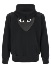 Comme Des Garçons Sweatshirt for Men | Black PLAY Hoodie by Comme Des Garçons Play, shown from the back with the signature tone-on-tone heart-with-eyes graphic. Black sweater in Cardigans - Sweaters - Clothing and Sweaters - Clothing, listed under Clothing for Men in sizes L, M, XL, and XXL; New with tags, in-stock, Discount_30-39.