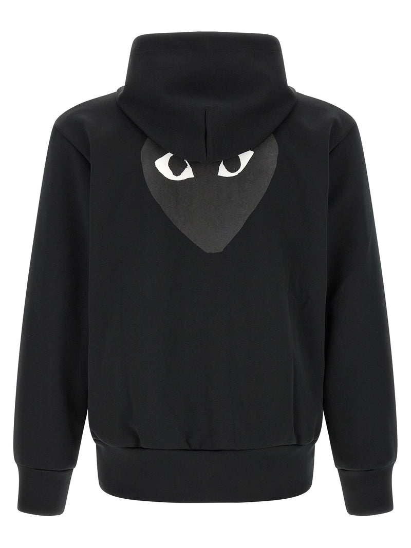Comme Des Garçons Sweatshirt for Men | Black PLAY Hoodie by Comme Des Garçons Play, shown from the back with the signature tone-on-tone heart-with-eyes graphic. Black sweater in Cardigans - Sweaters - Clothing and Sweaters - Clothing, listed under Clothing for Men in sizes L, M, XL, and XXL; New with tags, in-stock, Discount_30-39.