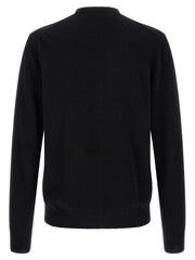 Comme Des Garçons Play Comme Des Garçons Play Black Wool Cardigan for Men shown from the back, highlighting the clean silhouette, round neckline, and ribbed hem. This Comme Des Garçons Cardigan for Men is Black, New with tags, size L for Men, and in-stock under Cardigans - Sweaters - Clothing, Clothing, and Sweaters - Clothing; Discount_30-39, 13879, 79680700467.