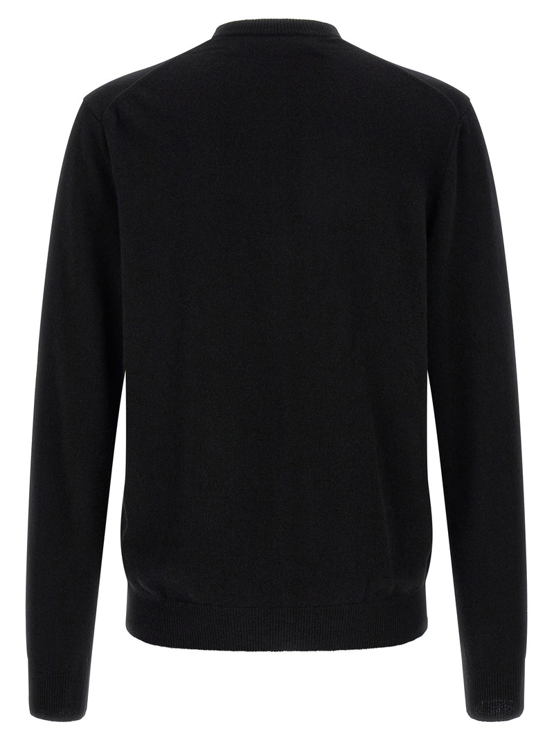 Comme Des Garçons Play Comme Des Garçons Play Black Wool Cardigan for Men shown from the back, highlighting the clean silhouette, round neckline, and ribbed hem. This Comme Des Garçons Cardigan for Men is Black, New with tags, size L for Men, and in-stock under Cardigans - Sweaters - Clothing, Clothing, and Sweaters - Clothing; Discount_30-39, 13879, 79680700467.