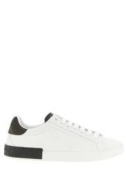 Dolce & Gabbana White Calfskin Low Top Sneakers for Men, side profile of white leather Dolce & Gabbana Sneakers for Men with dark gray nubuck heel, branded sole, and white laces. Urbalenti NYC, 13879, 79680700467, Discount_40-49, Dolce & Gabbana, EU 40 | US 7, EU 41 | US 8, EU 42 | US 9, EU43/US10, EU44/US11, EU45/US12, EU46/US13, EU47/US14, in-stock, Low Tops - Sneakers - Shoes, Men, New with tags, Shoes, Sneakers - Shoes, White.