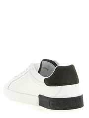 Dolce & Gabbana White Calfskin Low Top Sneakers for Men, back-side view featuring a contrasting dark gray nubuck heel and embossed Gabbana sole branding. Shop these premium white Dolce & Gabbana Sneakers for Men at Urbalenti NYC, 13879, 79680700467, Discount_40-49, Dolce & Gabbana, EU 40 | US 7, EU 41 | US 8, EU 42 | US 9, EU43/US10, EU44/US11, EU45/US12, EU46/US13, EU47/US14, in-stock, Low Tops - Sneakers - Shoes, Men, New with tags, Shoes, Sneakers - Shoes, White.