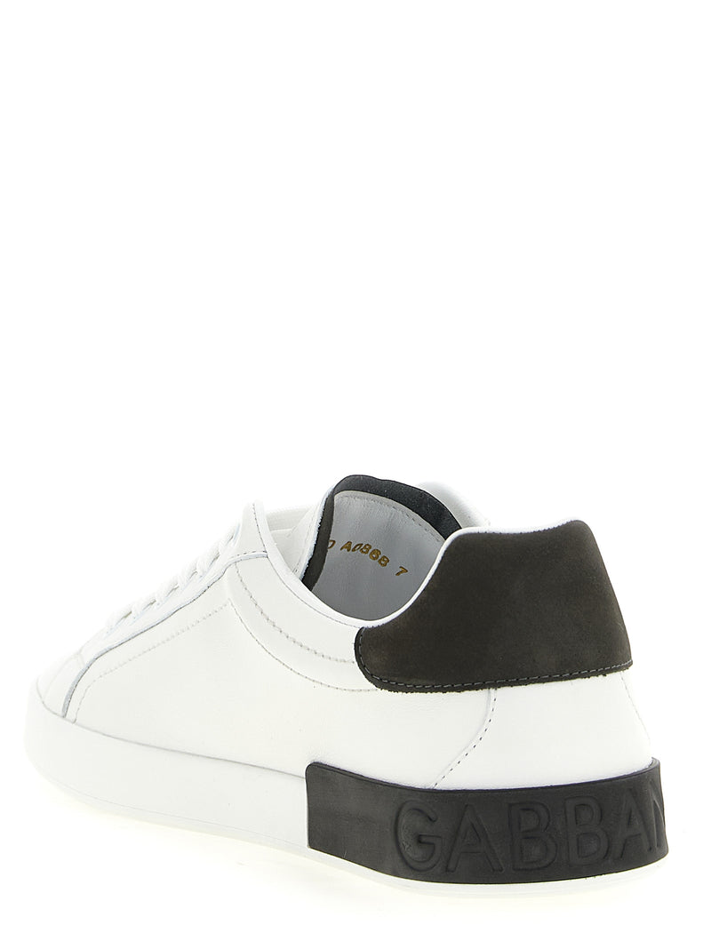 Dolce & Gabbana White Calfskin Low Top Sneakers for Men, back-side view featuring a contrasting dark gray nubuck heel and embossed Gabbana sole branding. Shop these premium white Dolce & Gabbana Sneakers for Men at Urbalenti NYC, 13879, 79680700467, Discount_40-49, Dolce & Gabbana, EU 40 | US 7, EU 41 | US 8, EU 42 | US 9, EU43/US10, EU44/US11, EU45/US12, EU46/US13, EU47/US14, in-stock, Low Tops - Sneakers - Shoes, Men, New with tags, Shoes, Sneakers - Shoes, White.