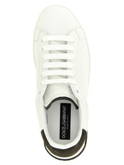 Dolce & Gabbana White Calfskin Low Top Sneakers for Men, top-down view displaying the white laces, clean toe box, cushioned collar, and Dolce & Gabbana insole. Elegant Dolce & Gabbana Sneakers for Men from Urbalenti NYC, 13879, 79680700467, Discount_40-49, Dolce & Gabbana, EU 40 | US 7, EU 41 | US 8, EU 42 | US 9, EU43/US10, EU44/US11, EU45/US12, EU46/US13, EU47/US14, in-stock, Low Tops - Sneakers - Shoes, Men, New with tags, Shoes, Sneakers - Shoes, White.