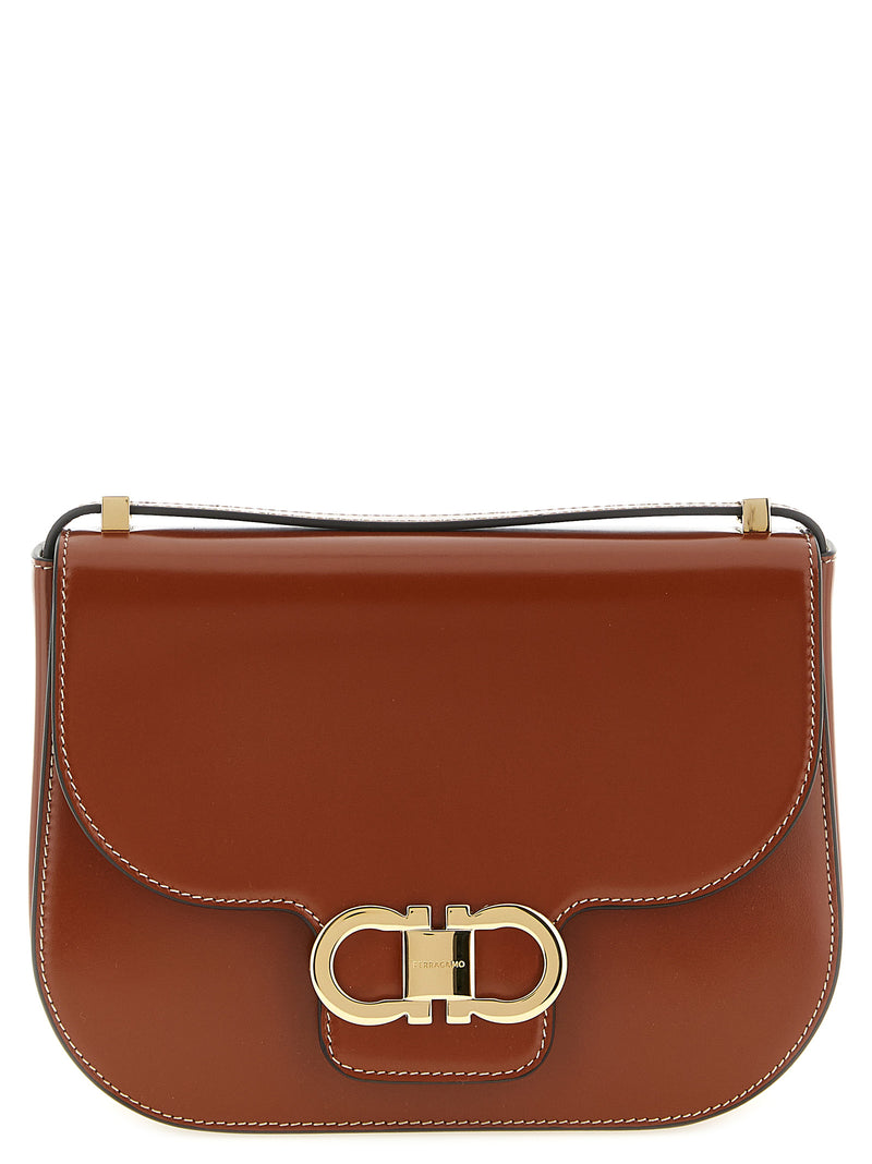 Ferragamo Double Gancini Leather Crossbody Bag for Women, a brown Ferragamo Crossbody Bag for Women with signature gold-tone Double Gancini closure, featured by Urbalenti NYC, 13879, 79680700467, Bags, Brown, Crossbody Bags - Bags, Discount_40-49, Ferragamo, in-stock, New with tags, Women.