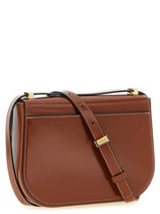 Rear view of the Ferragamo Double Gancini Leather Crossbody Bag for Women in smooth brown leather, showing the adjustable strap and structured design; an elegant Ferragamo Crossbody Bag for Women from Urbalenti NYC, 13879, 79680700467, Bags, Brown, Crossbody Bags - Bags, Discount_40-49, Ferragamo, in-stock, New with tags, Women.