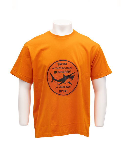 Burberry Orange Cotton Classic T-Shirt for Men Everyday Wear, a vibrant orange Burberry T-Shirt for Men shown on a mannequin, made from cotton with a classic short-sleeve design, new with tags. Available in XS, S, M, and L for Men; Clothing, T-Shirts - Clothing, T-Shirts - T-Shirts - Clothing; Urbalenti NYC, 13879, 79715663923, Discount_60-69, in-stock.