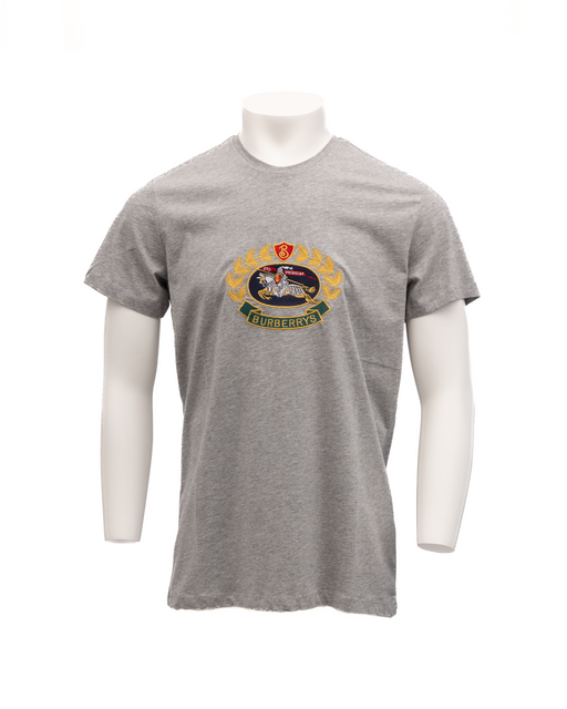 Front view of the Burberry Grey Cotton Classic T-Shirt for Men Everyday Wear, a grey Burberry T-Shirt for Men with signature crest graphic, short sleeves, and crew neck. Urbalenti NYC, 13879, 79715663923, Burberry, Clothing, Discount_60-69, Grey, in-stock, L, M, Men, New with tags, S, T-Shirts - Clothing, T-Shirts - T-Shirts - Clothing.