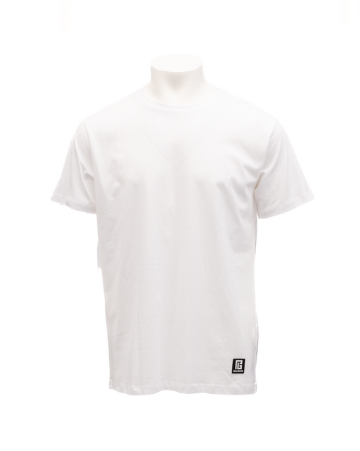 Front view of the Balmain White Cotton Classic T-Shirt for Men with Logo Detail, a Balmain T-Shirt for Men in white cotton with a classic crew neck and short sleeves. Available from Urbalenti NYC, style 13879, product 79715663923, in Clothing for Men, New with tags, size XS, categorized under T-Shirts - Clothing and T-Shirts - T-Shirts - Clothing, with Discount_60-69 pricing and in-stock availability.