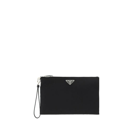 Prada Re-Nylon Pouch, Prada Re-Nylon Black Zip Pouch with Removable Wrist Strap, shown front view in black polyamide with Prada triangle logo and wrist strap. Urbalenti NYC, 13879, 79661334579, Accessories, Black, Discount_20-29, in-stock, Men, New with tags, Other Accessories - Accessories, Prada.