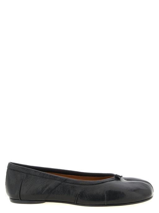 Side view of Maison Margiela Black Lamb Leather Ballet Flats, Maison Margiela Tabi Ballet Flats in black lamb leather with a slim flat sole, available at Urbalenti NYC, style 13879, SKU 79680700467. Ballet Flats - Flats - Shoes in Black, Discount_30-39, EU39.5/US9.5, Flats - Shoes, in-stock, Maison Margiela, New with tags, Shoes, Women.