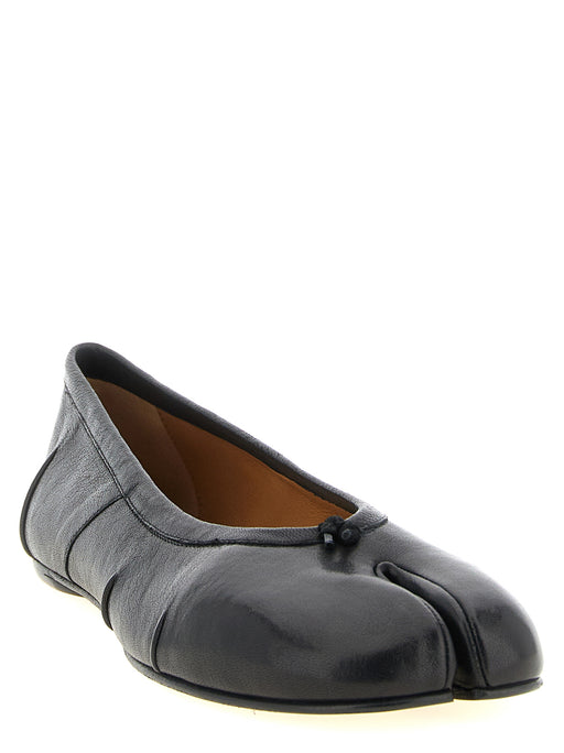 Front three-quarter view of Maison Margiela Black Lamb Leather Ballet Flats, Maison Margiela Tabi Ballet Flats featuring the iconic split toe and bow detail, available at Urbalenti NYC, style 13879, SKU 79680700467. Ballet Flats - Flats - Shoes in Black, Discount_30-39, EU39.5/US9.5, Flats - Shoes, in-stock, Maison Margiela, New with tags, Shoes, Women.